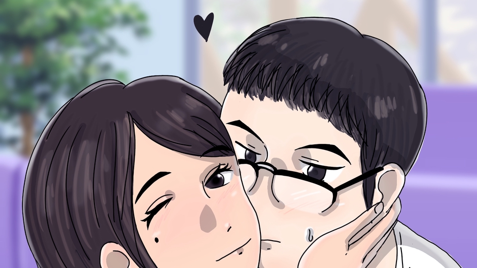 รับวาดรูป วาดภาพประกอบ: ภาพวาดคู่รักสองคนกำลังกอดกันด้วยความรัก หญิงสาวกำลังจุ๊บชายหนุ่มที่ใส่แว่น มีสัญลักษณ์รูปหัวใจสีดำ แสดงถึงความรัก ภาพวาดการ์ตูนน่ารัก เหมาะสำหรับวาดภาพประกอบการ์ด วาดภาพคู่รัก ออกแบบภาพวาด