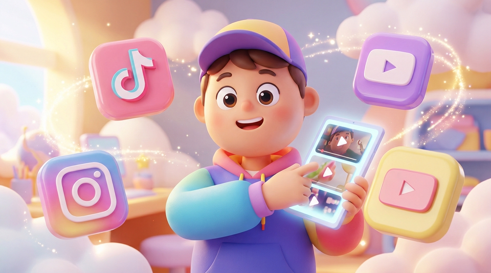 เด็กชายกำลังถือแท็บเล็ตโฆษณาโซเชียลมีเดียพร้อมไอคอน Facebook, Instagram, TikTok และ YouTube: รับทำโฆษณาออนไลน์, รับยิงแอด facebook, โฆษณาติ๊กต๊อก, ทำโฆษณา facebook, โฆษณา ig, รับทำ tiktok ads, ลงโฆษณาเฟสบุ๊ค, ทำโฆษณา instagram