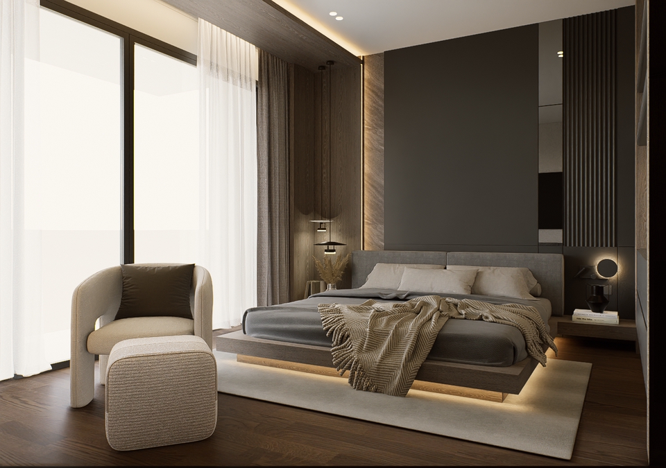 รับออกแบบบ้าน 3d: ห้องนอนสวยหรูดูดีด้วยการออกแบบ perspective พร้อมแสงไฟที่อบอุ่นและเฟอร์นิเจอร์ทันสมัย โมเดลบ้าน 3 มิติ, รับทำภาพ 3d perspective, เรนเดอร์งาน, ออกแบบภายใน, ตกแต่งบ้าน, แบบบ้าน 3 มิติ.