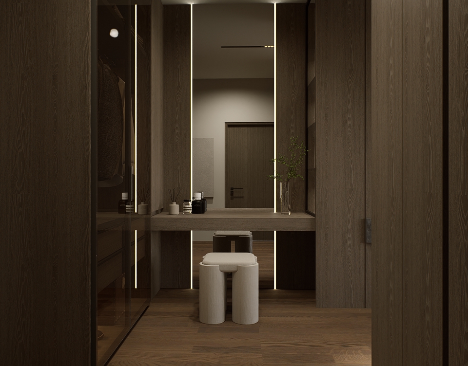 รับออกแบบ 3d perspective: มุมมองการออกแบบห้องแต่งตัวสุดหรู พร้อมเฟอร์นิเจอร์ทันสมัย สวยงาม ลงตัวด้วยโทนสีอบอุ่น งานรับเขียนแบบ 3d, โมเดลบ้าน 3 มิติ, งานเรนเดอร์, ออกแบบบ้าน 3d.