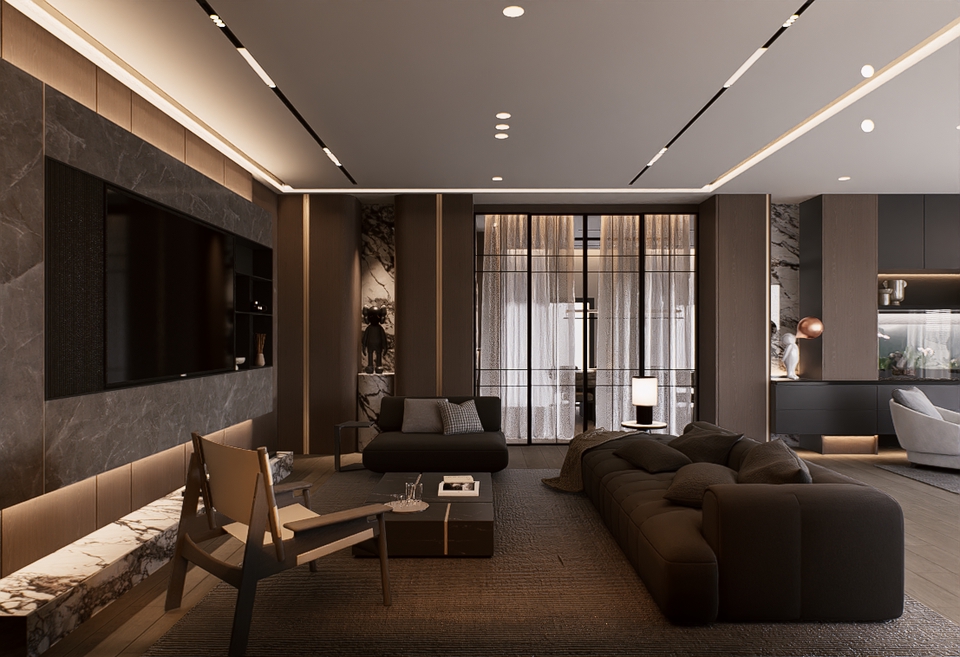 รับออกแบบ 3d perspective: ภาพห้องนั่งเล่นสวยหรู สไตล์โมเดิร์น พร้อมเฟอร์นิเจอร์ครบครัน แสดงการออกแบบภายในที่ทันสมัย ด้วยบริการรับทำภาพ 3d perspective, รับเขียนแบบบ้าน 3d, และรับเรนเดอร์งาน.