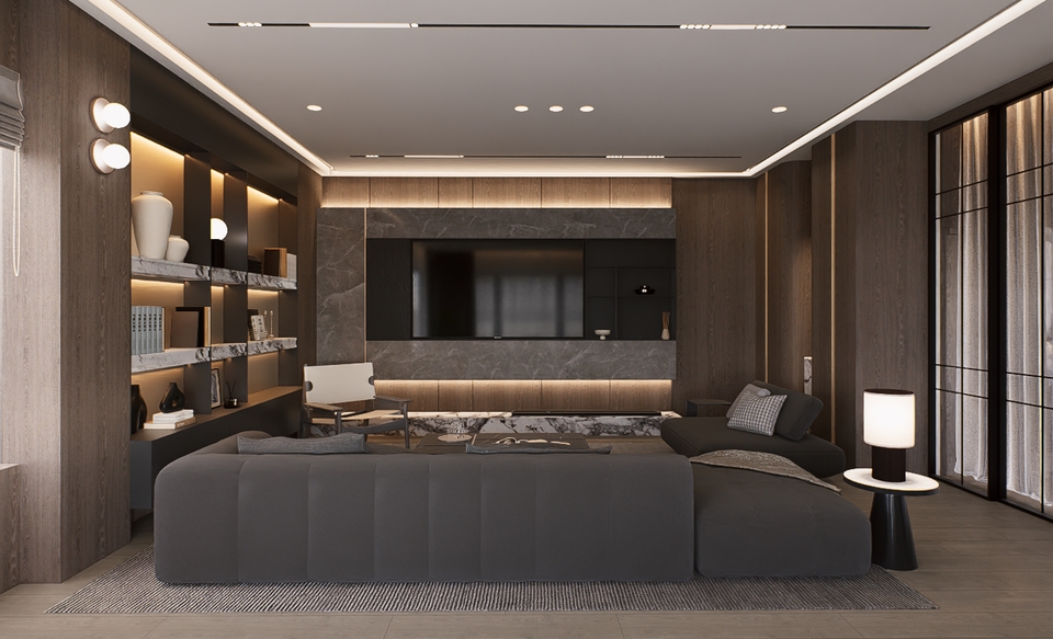 รับออกแบบ 3d perspective: ภาพห้องนั่งเล่นสวยงามทันสมัย พร้อมการจัดแสงที่ลงตัว เหมาะสำหรับงานออกแบบภายใน ตกแต่งบ้าน หรือคอนโดมิเนียม มองหาบริการรับเรนเดอร์งาน 3 มิติในราคาถูก พร้อมทีมงานมืออาชีพ รับทำภาพ perspective
