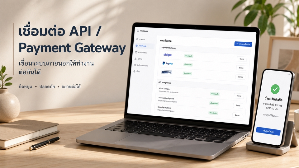 เชื่อมต่อ API Payment Gateway LINE OA Google API และระบบภายนอกตามต้องการ