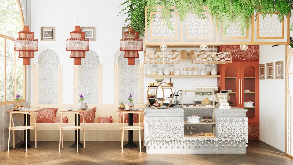 รับออกแบบร้านอาหาร ออกแบบตกแต่งภายในร้านกาแฟสวยหรู โทนสีอบอุ่น มีสไตล์การตกแต่งที่น่าสนใจ เหมาะสำหรับ ร้านอาหาร คาเฟ่ ออกแบบร้านค้า ร้านอาหาร ออกแบบภายใน 3 มิติ พร้อมรีโนเวทร้านให้ตรงตามความต้องการของคุณ
