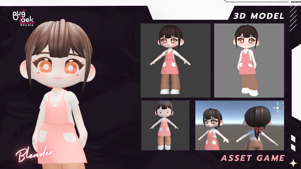 รับปั้นโมเดล 3d น่ารัก สำหรับเกม ภาพรวมตัวละคร 3 มิติหญิงสาว สวมชุดคลุมสีชมพู, พร้อมให้บริการ รับทำ 3d model สินค้า, รับออกแบบ 3d, รับทำ 3d model packshot สไตล์การ์ตูน เหมาะสำหรับงานออกแบบ 3 มิติ, รับพิมพ์ 3d.