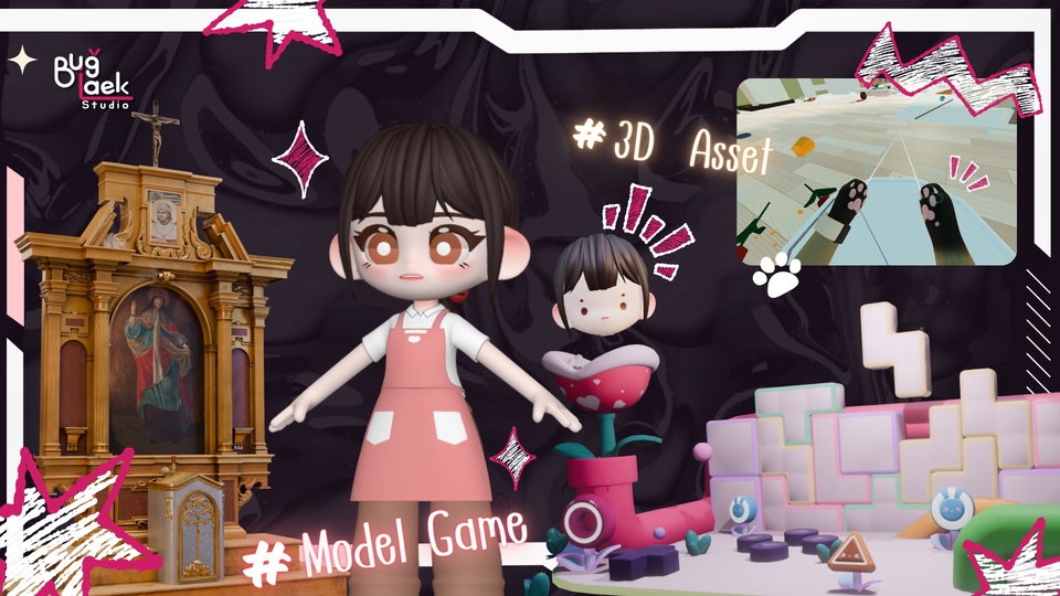 รับปั้นโมเดล 3d ภาพโมเดลตัวละครเด็กน่ารักสไตล์การ์ตูนพร้อมฉากหลังและองค์ประกอบ 3 มิติหลากหลายแบบ รับทำ 3d model สินค้า งานออกแบบ 3d รับปั้นโมเดล 3d สร้างสรรค์ผลงานสำหรับเกมหรือโฆษณา 3 มิติ โมเดลตัวละคร โมเดลเกม ออกแบบ 3 มิติ