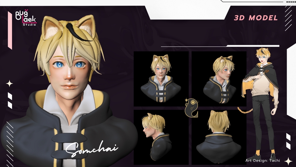 รับทำ 3d model สินค้า: ภาพ 3D model ตัวการ์ตูนชายผมสีทอง ใส่ชุดคลุมสีดำ มีหูกับหางคล้ายแมว พร้อมภาพตัวอย่างหลายมุมมอง แสดงถึงงานปั้นโมเดล 3 มิติคุณภาพสูง บริการรับทำโมเดล 3d, รับออกแบบ 3d, รับปั้นโมเดล, งานปั้น 3d, โมเดล 3 มิติ, รับทำ 3d printing.