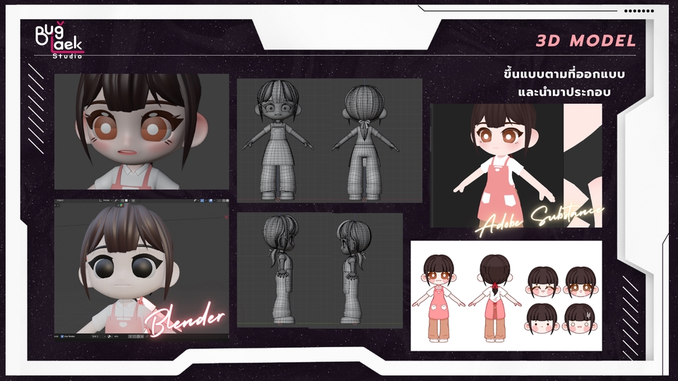รับปั้นโมเดล 3d ที่ Bugaek Studio: ภาพแสดงการสร้างแบบจำลอง 3 มิติของตัวการ์ตูนน่ารัก พร้อมการออกแบบและประกอบใน Blender บริการรับทำ 3d model สินค้า, รับทำโมเดล 3d, รับออกแบบ 3d.