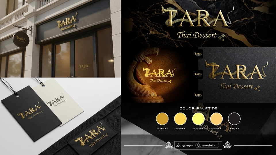 รับออกแบบโลโก้ร้านอาหาร TARA ในสไตล์หรูหรา พร้อมตัวอย่างการใช้งานบนป้ายร้าน ป้ายสินค้า