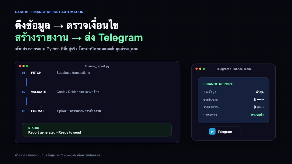 ระบบรายงานการเงิน: ดึงข้อมูล ตรวจเงื่อนไข สร้างรายงาน และส่ง Telegram