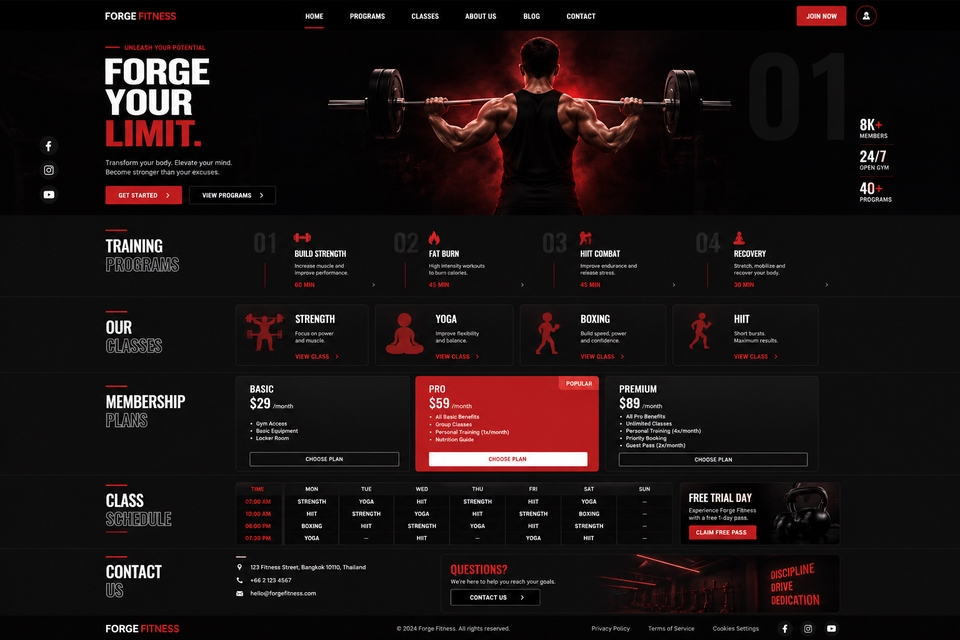 รับออกแบบเว็บไซต์ ยิม Forge Fitness แสดงผลงานการออกแบบหน้าเว็บฟิตเนส โปรแกรมฝึก ราคา