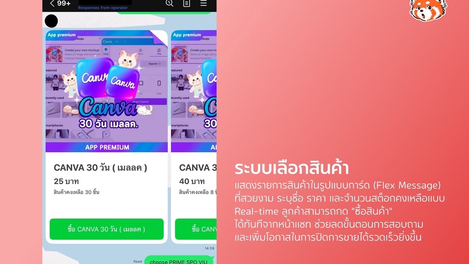 แสดงสินค้า ระบุชื่อ ราคา และจำนวนสต็อแบบ Real-time ลูกค้าสามารถกด "ซื้อสินค้า" ได้ทันทีจากหน้าแชท
