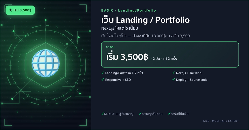 รับทำเว็บไซต์ Landing Page / Portfolio ราคาเริ่มต้น 3,500 บาท สร้างเว็บด้วย Next.js รองรับ SEO