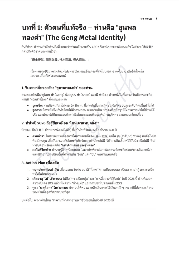 สิ่งที่ท่านจะได้รับในรายงาน PDF เฉพาะบุคคล (มากกว่า 10+ หน้า อย่างละเอียด)