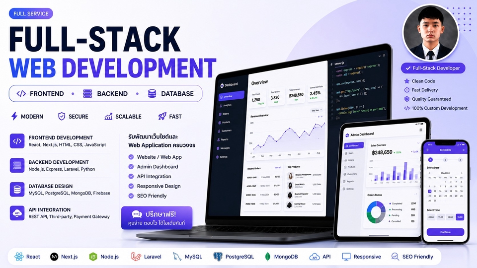 รับพัฒนาเว็บไซต์และ Web Application ครบวงจร Full-Stack พร้อม Frontend, Backend, Database และ API