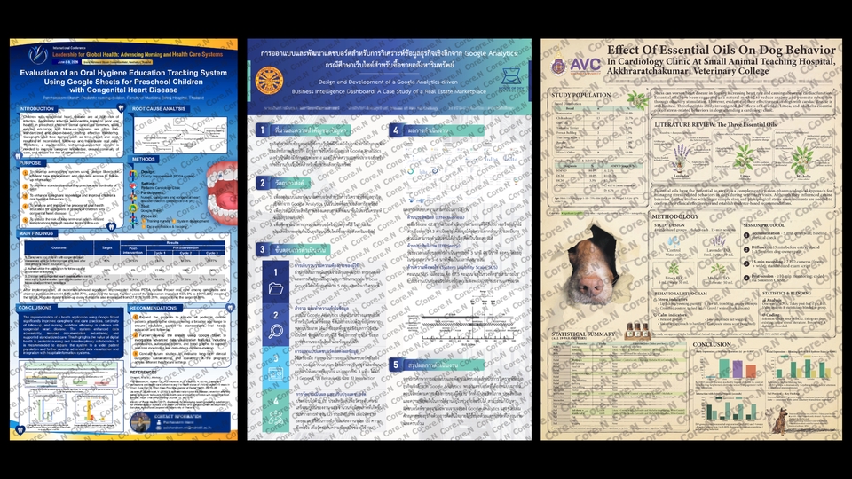 ออกแบบโปสเตอร์งานวิจัย 3 ชิ้น แสดงข้อมูล สถิติ และรูปภาพวิชาการ สำหรับนักศึกษาและนักวิจัย