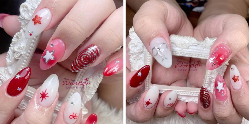 บริการทำเล็บที่บ้าน สีแดงขาวลายน่ารัก
