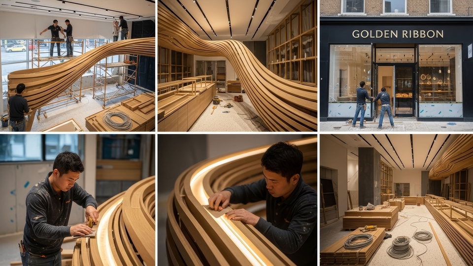ออกแบบตกแต่งภายในร้านGolden Ribbon งานไม้โค้งสวยหรู