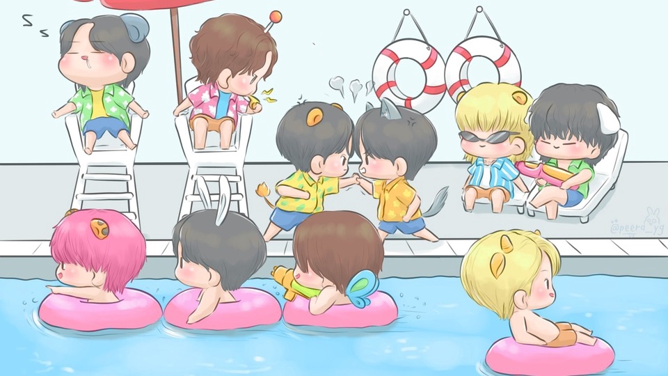 รับวาดรูปการ์ตูน: ภาพวาดการ์ตูนน่ารักของเด็กๆ ที่กำลังเล่นน้ำในสระว่ายน้ำ มีร่มสีแดงและห่วงยาง