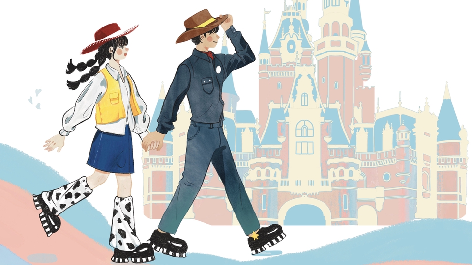 รับวาดรูปคู่รักสไตล์การ์ตูน เดินเล่นกันที่ปราสาท วาดภาพประกอบ สวยงาม น่ารัก รับวาดภาพประกอบนิทาน