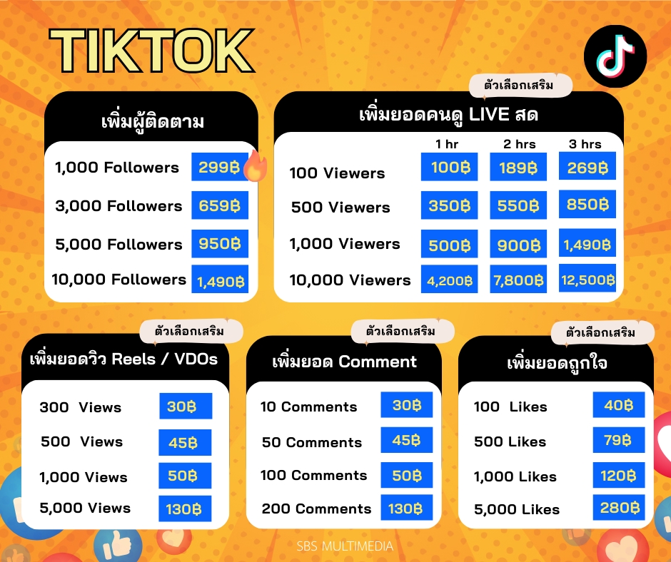 แพ็กเกจเพิ่มยอดผู้ติดตาม TikTok, ปั๊มไลค์, ปั๊มวิว และคอมเม้นต์ พร้อมราคาโปรโมชั่น โปรโมทติ๊กต๊อก เพิ่มยอดผู้ติดตาม tiktok เพิ่มไลค์ ปั๊มวิว เพิ่มยอดวิว ปั๊มยอดไลค์ แชร์โพส ราคาถูก.