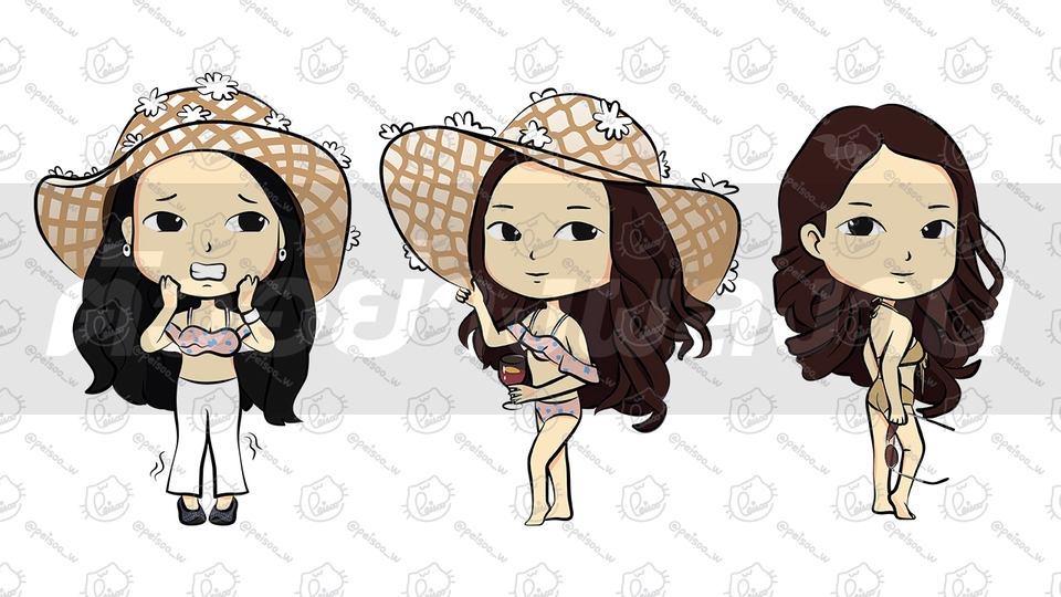 รับวาดการ์ตูนน่ารัก สไตล์จิบิ อนิเมะ สาวสวยในชุดว่ายน้ำ ภาพวาดการ์ตูน