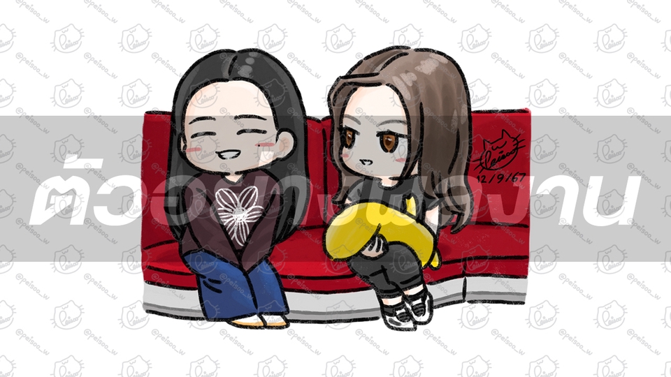 รับวาดการ์ตูนน่ารัก สไตล์จิบิ ภาพวาดการ์ตูนหญิงสาวสองคน