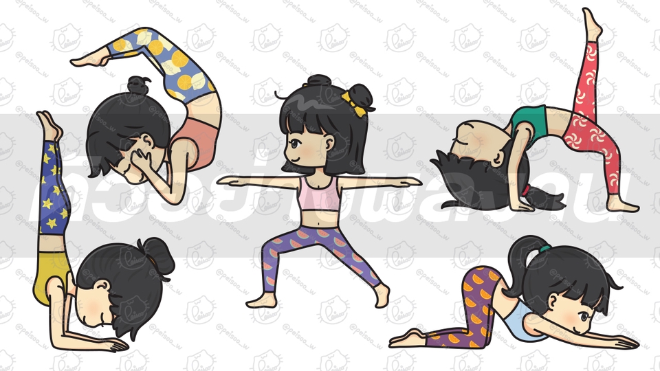 รับวาดการ์ตูนน่ารักท่าโยคะเด็กผู้หญิง วาดรูปการ์ตูน วาดอนิเมะ ภาพวาดการ์ตูน