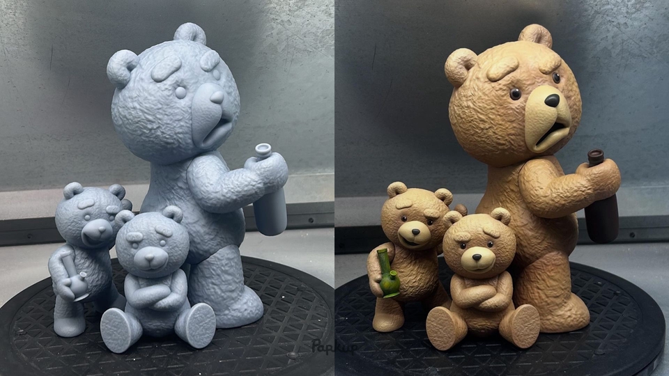 รับผลิต art toy ตุ๊กตาหมีเท็ดดี้ 3 ตัว งานปั้น 3 มิติ โมเดลของเล่น ของสะสม