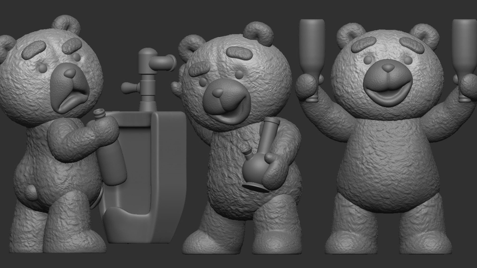 รับผลิต art toy หมีเท็ดดี้ 3 ตัว มี 2 ตัวถือขวด 1 ตัวถือแก้ว บริการทำโมเดลการ์ตูน 3 มิติ
