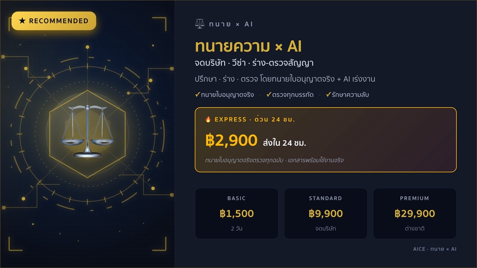 ทนายความ × AI — จดบริษัท · Work Permit/Visa · ร่าง-ตรวจสัญญา · ปรึกษากฎหมายธุรกิจโดยทนายใบอนุญาตจริง