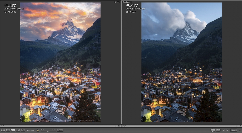 รับแต่งรูปภาพ ทิวทัศน์ภูเขาสวยงามพร้อมหมู่บ้านยามค่ำคืน ปรับแสงสีให้ดูน่าทึ่ง บริการโฟโต้ชอป