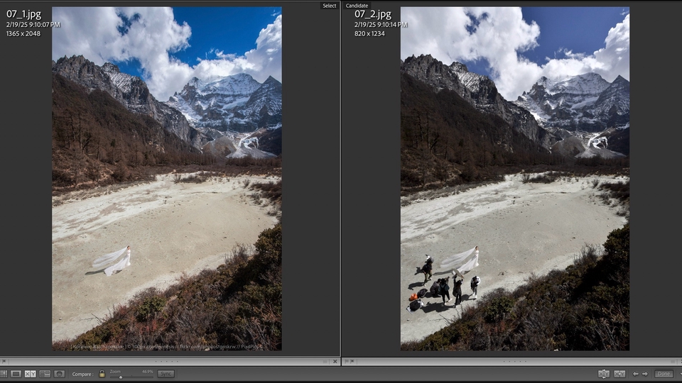 รับแต่งรูปภาพ วิวภูเขาสวยงาม มีคนกลุ่มเล็กๆ กำลังทำงานในที่โล่ง พร้อมภาพทิวทัศน์เบื้องหลัง