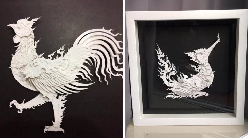 รับทําของขวัญแฮนด์เมด ภาพไก่ฉลุกระดาษสีขาวสวยงาม ออกแบบอย่างประณีต
