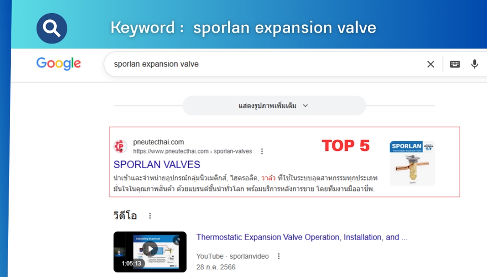 รับทำ seo การแสดงผลการค้นหา Google ด้วยคำหลัก sporlan expansion valve แสดงผลลัพธ์อันดับต้นๆ