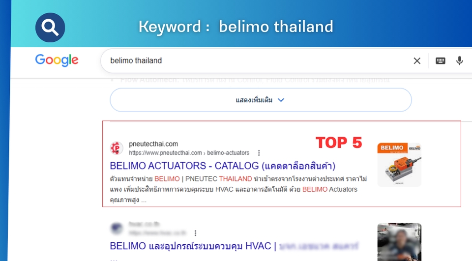 รับทำ seo แสดงผลการค้นหา Google คำหลัก belimo thailand อันดับ Top 5 พร้อมรูปภาพสินค้า