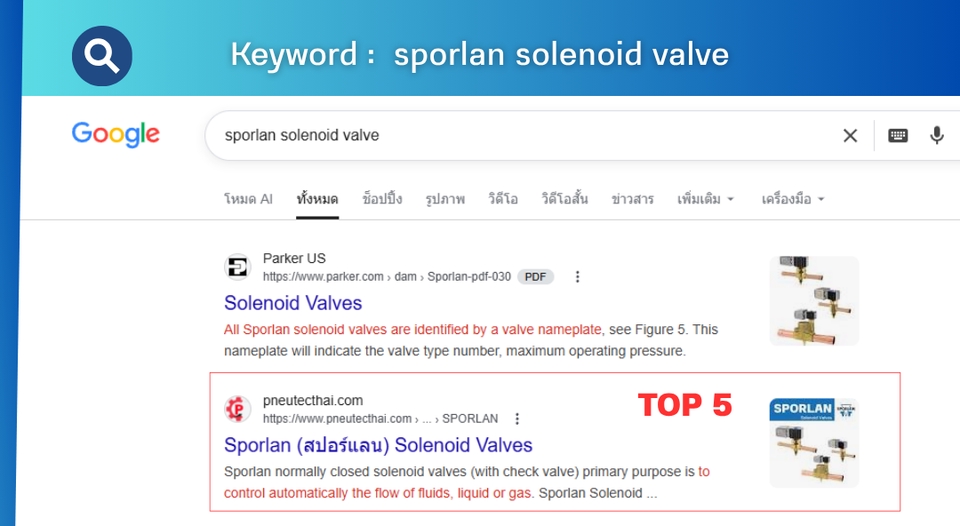 รับทำ seo: ผลการค้นหา Google "sprolan solenoid valve" แสดงอันดับ Top 5