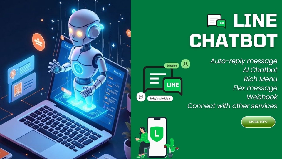 รับพัฒนา/แก้ไข Line Chatbot, AI Chatbot, Rich Menu, Automation flow เชื่อมต่อกับระบบอื่นๆ
